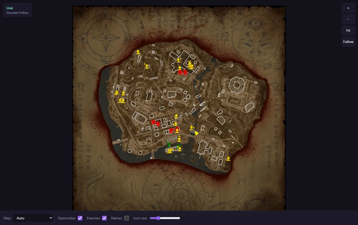 The web radar in a browser, showing a large-scale battle royale map with player dots